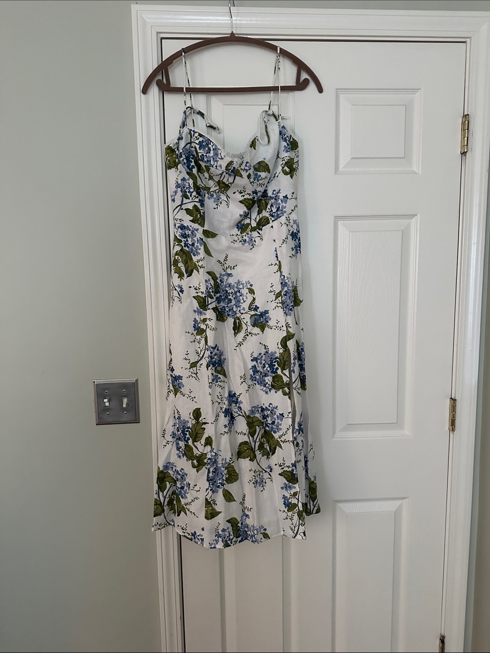 Reformation Floral Spaghetti-Strap Midi Dress in White and Blue - Picture 5 of 6